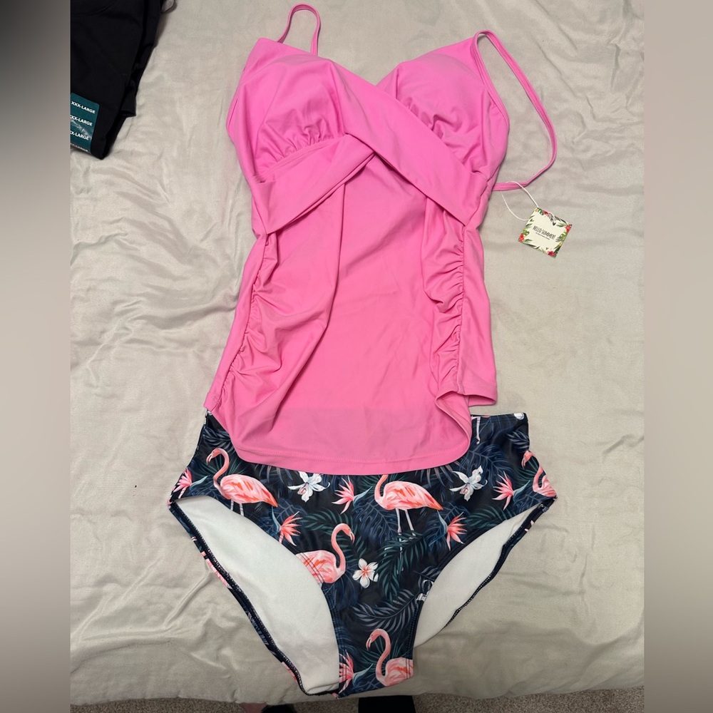 Chic Pink and Navy Flamingo Tankini Set